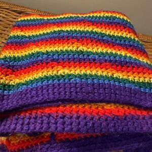VTG Afghan Lap Throw Blanket Rainbow Stripes Grandma Made  Acrylic Crochet